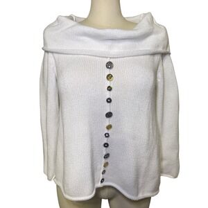 Pure Collection White Cowl Neck Embellished Button Knit Sweater Women's